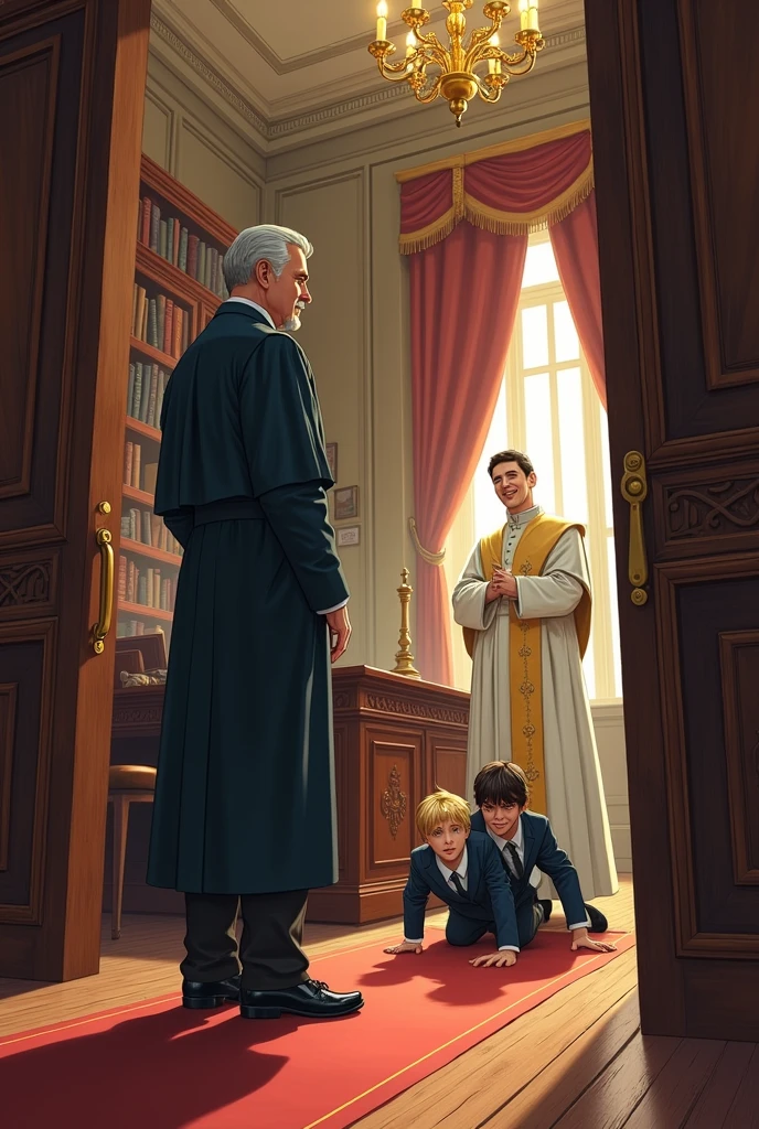 In the illustrated scene, the setting is a richly detailed office, with dark wooden furniture and tall shelves lined with books. The room is decorated with traditional Catholic symbols, giving it a solemn and historical feel. The floor is polished wood, reflecting the warm light coming from an ornate chandelier hanging above.
At the center of the image, the young, white European Professor Petterson stands, dressed in his signature yellow polo shirt, white trousers, brown belt, and blue sneakers. His black hair, short and styled in a military cut, is slightly disheveled as he looks down at the two students, a mixture of worry and embarrassment on his face. His well-groomed goatee and the slight dark circles under his eyes add to the seriousness of his expression.
On the floor in front of Petterson, the two students, Kauan and Arthur, have just tumbled through the door. Kauan, the 1 blonde with bright green eyes, is sprawled awkwardly, one arm supporting himself as he tries to get up. His classic dark blue uniform with yellow-trimmed edges is slightly rumpled from the fall. Beside him, Arthur, with his spiky black hair and dark brown eyes, is also in a similarly disheveled state, his uniform mirroring Kauan's. Both boys are in mid-motion, their expressions a mix of shock and embarrassment.
Standing near the large desk, Pope Pio XIII is captured in a moment of genuine laughter. His figure, robed in white with a golden stole, contrasts with the dark, formal setting. His face is lit up with amusement, eyes twinkling as he watches the two boys scramble on the floor. The laughter lines on his face are clearly defined, emphasizing his warmth and humor.
The overall composition of the illustration draws the viewer's eye from the students on the floor, up to Petterson's concerned and embarrassed expression, and finally to the Pope's hearty laughter, creating a dynamic and engaging visual narrative. The richness of the setting, combined with the character expressi