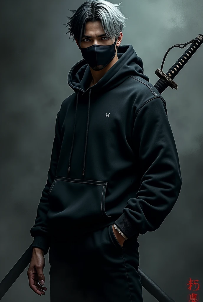 male character 1 black hair with white highlights short mid fade style supreme rinnegan eyes with goatee height 1,65 with a beautiful body in black with a sweatshirt and black mask and two katanas like Shusui or Sandai Kitetsu or enma