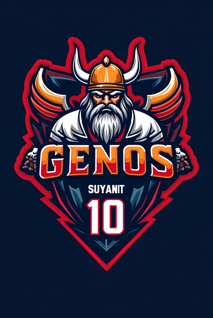 Make a logo with the colors of Sucia and the Vikings that is on the front of a t-shirt and that says Genos and that has the number 10 on the back and that above the number it says Iojan on the back