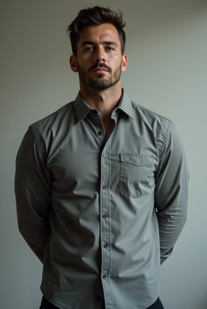 A man wearing a plain gray button-down shirt with no pattern, with his arms behind his back
