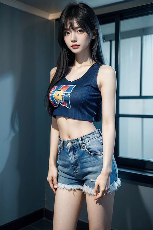 Beautiful Korean girl looks like a 4D painting, (looks), straight parted hair, bangs, ideal, blue crop top with text print, shorts, standing (window background), colorful, studio lights, soft light, dim light, 3D animation, looking at viewer, chest, blue hair,