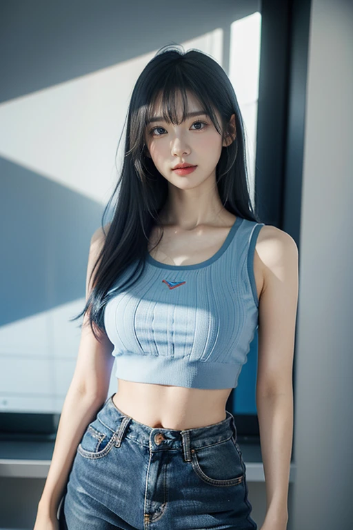 Beautiful Korean girl looks like a 4D painting, (looks), straight parted hair, bangs, ideal, blue crop top with text print, shorts, standing (window background), colorful, studio lights, soft light, dim light, 3D animation, looking at viewer, chest, blue hair,