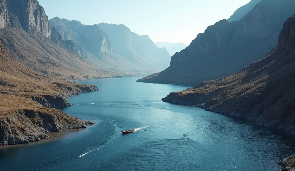 There is a deep river between a bare mountain with no plants（best quality，4K，8k，High level，masterpiece：1.2），Ultra Detailed，（lifelike，Photo real，Photo real：1.37）