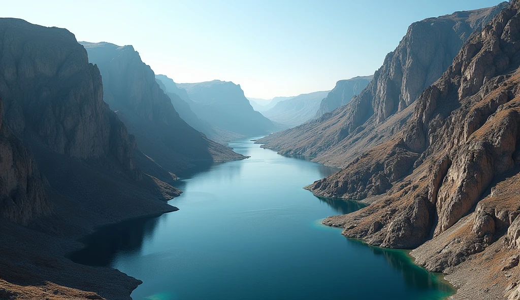 There is a deep river between a bare mountain with no plants（best quality，4K，8k，High level，masterpiece：1.2），Ultra Detailed，（lifelike，Photo real，Photo real：1.37）