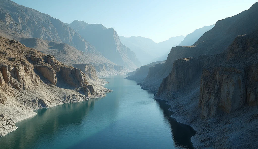There is a deep river between a bare mountain with no plants(best quality,4K,8k,High level,masterpiece:1.2),Ultra Detailed,(lifelike,Photo real,Photo real:1.37)