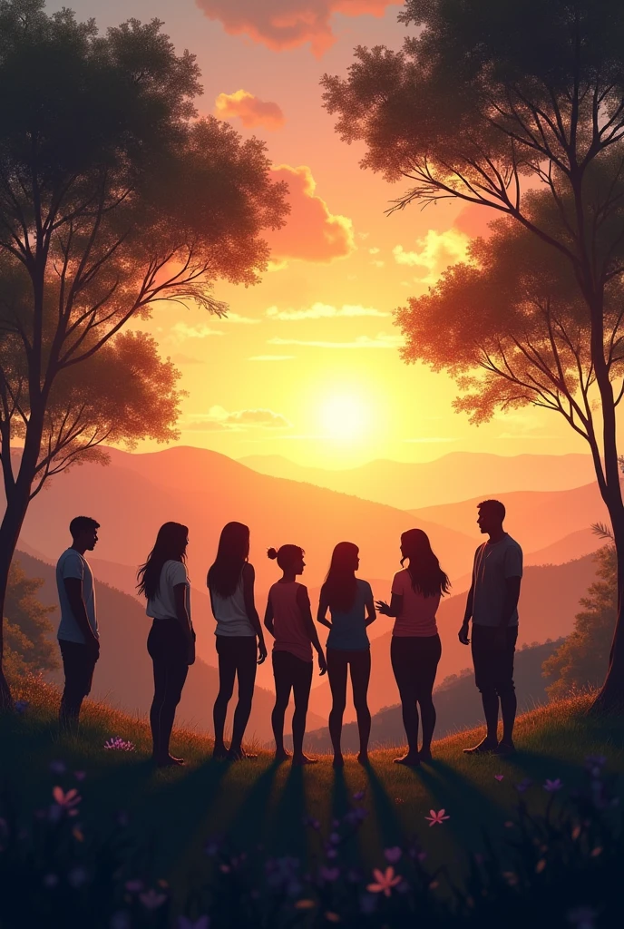 A group of 8 friends enjoying together in the midst of a valley. They all look like shadowy figures from a distance
Sun is setting in th background
The friends are havinv good time
The picture should be in horizontal ratio