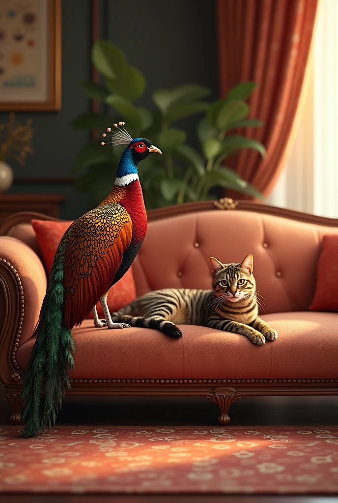 sofa、Pheasant and tiger cat