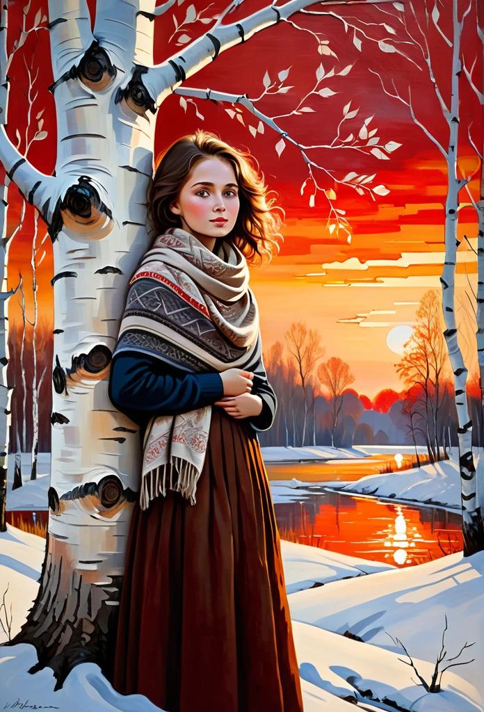 a young Russian girl, against the background of a scarlet sunset, complex detailing, aged canvas, "the girl by the white birch" (in the style of Norman-Ackroyd, depicted in oil on canvas), a beautiful girl with brown hair in a scarf, hugging the trunk of a birch tree dressed in a top and maxi skirt with patterns and knitting,