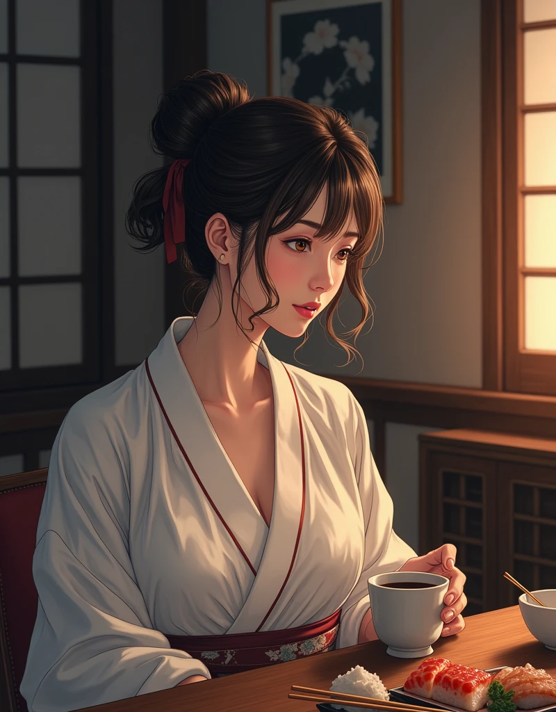 A woman in a white yukata drinking sake from a ceramic cup、profile、A little bit of cleavage is visible、Soft Light、Skewers、sashimi、Backlight、Dark interior、Old furniture、Adult face、blush、Around 40、Half-open eyes、Intricate drawing、Realistic
