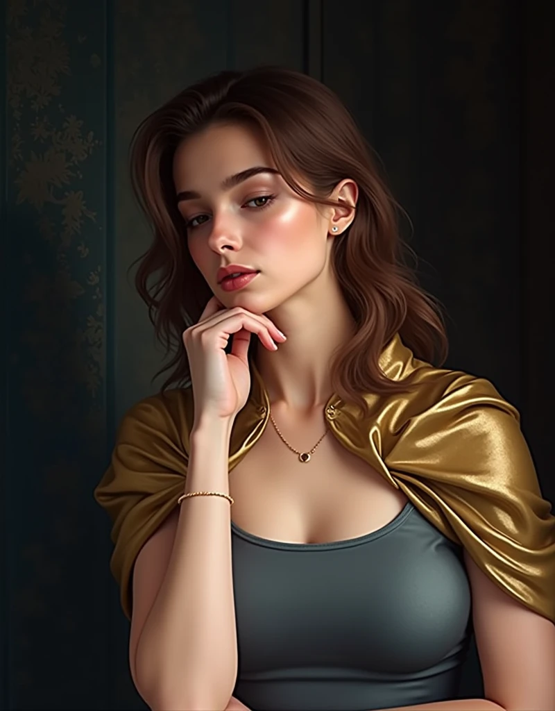 Full body woman on her knees with golden fabric covering her breasts and part of her legs