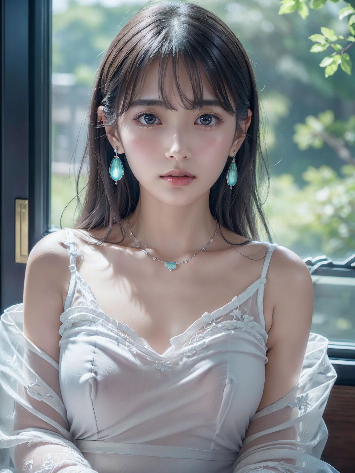 White camisole,Small breasts, (((とてもエレガントでbeautiful, Perfect detail, Very detailed))), whole body, The most detailed girl, Written boundary depth, 美しくdetailedなwhole body, Thin legs, 1 person, 30 years old, Very short hair, Spiked Hair, Gray and silver hair, beautiful detailed hair, Perfect Face, Expressionless, beautiful, detailed, Deep Eyes, Open your mouth a little, Delicate arms and hands, Pale skin, Earrings, beautiful and gorgeous necklace, Colorful background, HD background, Blurred Background, とても繊細でbeautiful, masterpiece, (((Highest quality, とてもbeautiful8K CG壁紙))), (((Medium Hair))), (Inside the room,Stylish white interior,window)、Glowing Skin、Shiny Hair、