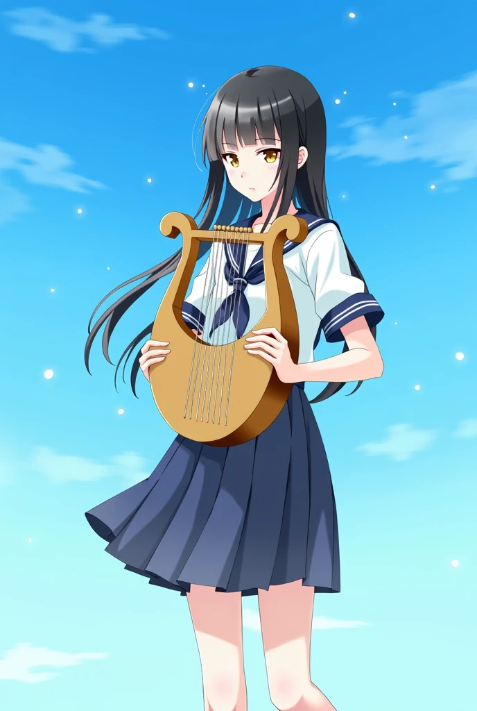 Standing with a blue sky in the background、Girl with a lyre。The lyre is box-shaped。Long black hair、straight。Sailor suit summer uniform。