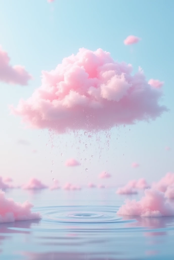A soft pink cloud floating in the sky, with droplets of water suspended around it. Below, a serene body of water reflects a light blue hue, creating a dreamy and tranquil atmosphere. And more pink