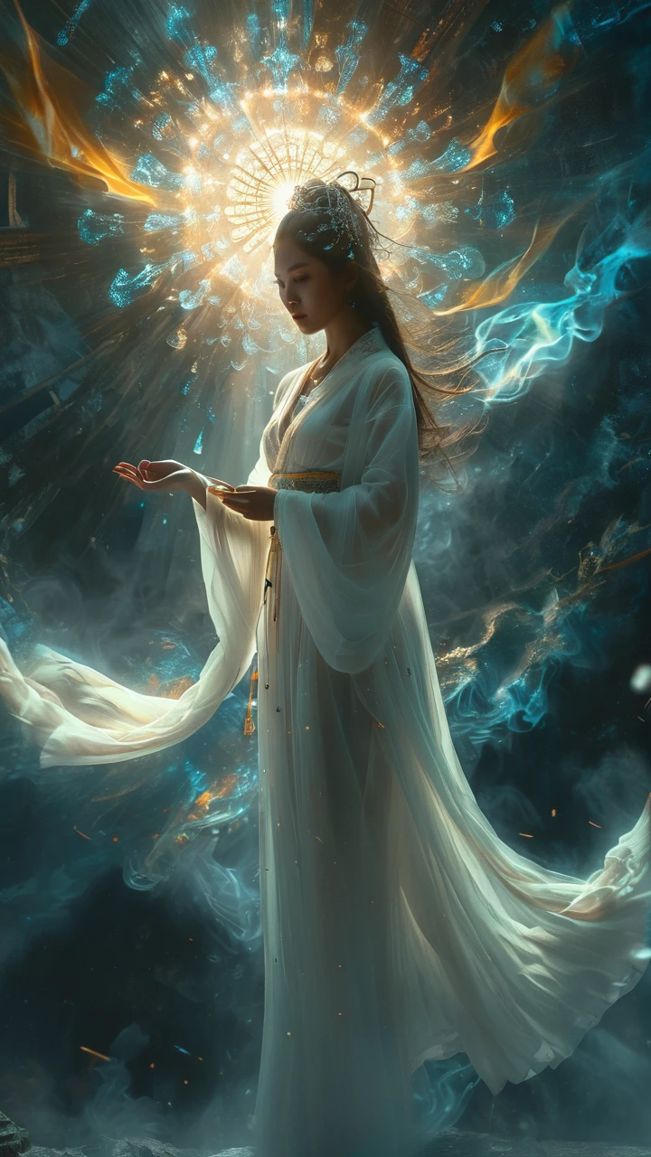 Chinese fantasy,Eastern mythology,((full body:1.3)),((floating)),((in air)),shrouded in a lattice like cloud layer above the screen,(these thick dark clouds condense into crystals),(there is a gap in the center of the cloud layer, from which many black smoke flows out),a dazzling sky,(a 20-year-old woman wearing a white long sleeved ancient costume suspended in the air:1.2),((she holds a crystal stone emitting colorful light with both hands:1.5)),the Tindar effect,chaos,sacred light,
ray tracing,shadows,ultra sharp,metal,((cold colors)),Epic CG masterpiece,(3D rendering),facing camera,ultra high resolution,(masterpiece),(best quality),(super detailed),(extremely delicate and beautiful),cinematic light,detailed environment,(real),(ultra realistic details:1.5),glass-like sparkling eyes are blurry and dreamy,(muscle tone and definition),(finely detailed features),stunning colors,cinematic lighting effects,super wide Angle,light particles,light particle art,glowing,dynamic poses,surreal,futurism,concept art,exquisite facial features,super delicate face,designed by greg manchess,smoke,a model woman,bright eyes,glossy lips,trending on art station,photoreal,8 k,octane render by greg rutkowski,art by Carne Griffiths and Wadim Kashin,in the style of Dau-al-Set,Pollock,and inspired by MAPPA and Zdzislaw Beksinski,xianxia