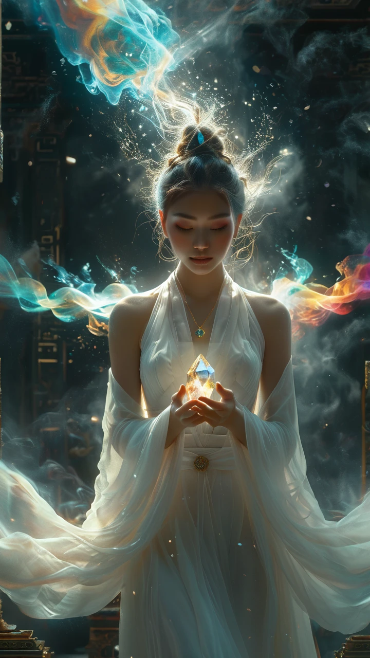 Chinese fantasy,Eastern mythology,((full body:1.3)),((floating)),((in air)),shrouded in a lattice like cloud layer above the screen,(these thick dark clouds condense into crystals),(there is a gap in the center of the cloud layer, from which many black smoke flows out),a dazzling sky,(a 20-year-old woman wearing a white long sleeved ancient costume suspended in the air:1.2),((she holds a crystal stone emitting colorful light with both hands:1.5)),the Tindar effect,chaos,sacred light,
ray tracing,shadows,ultra sharp,metal,((cold colors)),Epic CG masterpiece,(3D rendering),facing camera,ultra high resolution,(masterpiece),(best quality),(super detailed),(extremely delicate and beautiful),cinematic light,detailed environment,(real),(ultra realistic details:1.5),glass-like sparkling eyes are blurry and dreamy,(muscle tone and definition),(finely detailed features),stunning colors,cinematic lighting effects,super wide Angle,light particles,light particle art,glowing,dynamic poses,surreal,futurism,concept art,exquisite facial features,super delicate face,designed by greg manchess,smoke,a model woman,bright eyes,glossy lips,trending on art station,photoreal,8 k,octane render by greg rutkowski,art by Carne Griffiths and Wadim Kashin,in the style of Dau-al-Set,Pollock,and inspired by MAPPA and Zdzislaw Beksinski,xianxia