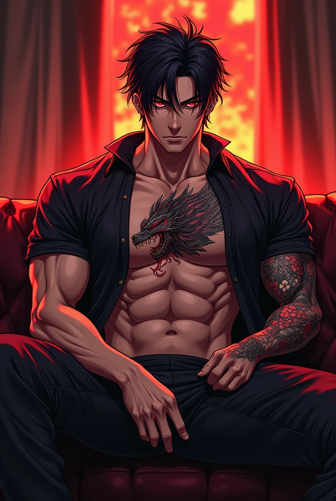 Handsome muscular man with black heir and red eyes sitting on couch like boss shirtless with anime man tattoo on chest to hand