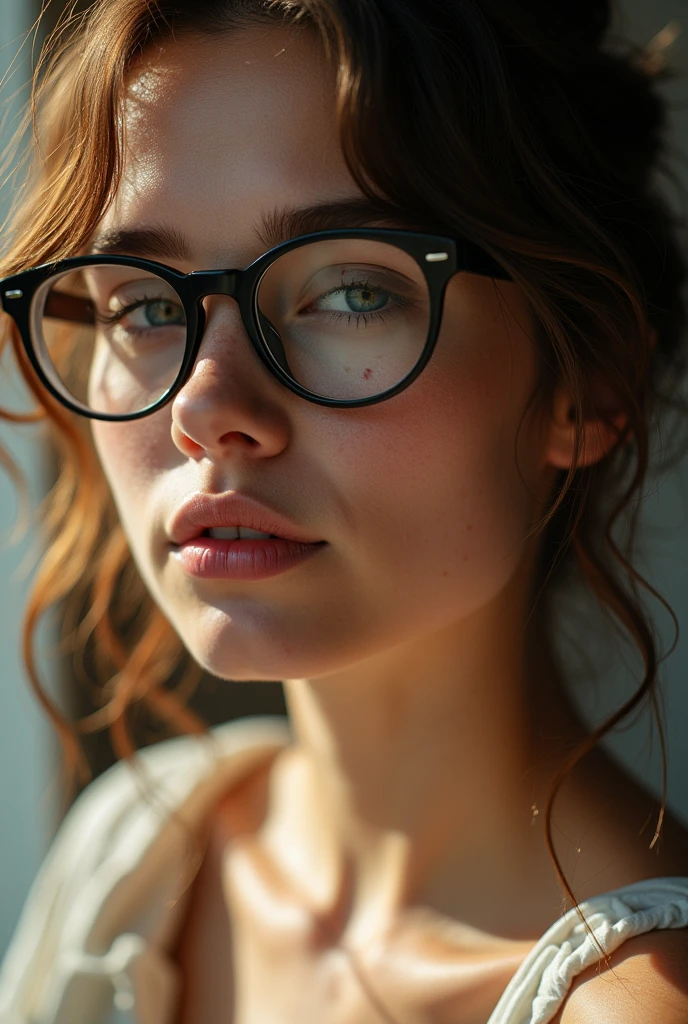 A pretty woman, light brunette, close up, girl next door, Loose Clothes, make up, lips, cups, natta, Messy hair, freckles, glasses with thick black frames, film grain, retro, Support 160 colors, Shot on ARRI ALEXA 65, sharp focus on the subject, Fujifilm XT-3