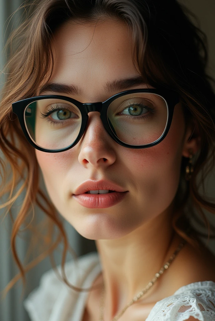 A pretty woman, light brunette, close up, girl next door, Loose Clothes, make up, lips, cups, natta, Messy hair, freckles, glasses with thick black frames, film grain, retro, Support 160 colors, Shot on ARRI ALEXA 65, sharp focus on the subject, Fujifilm XT-3