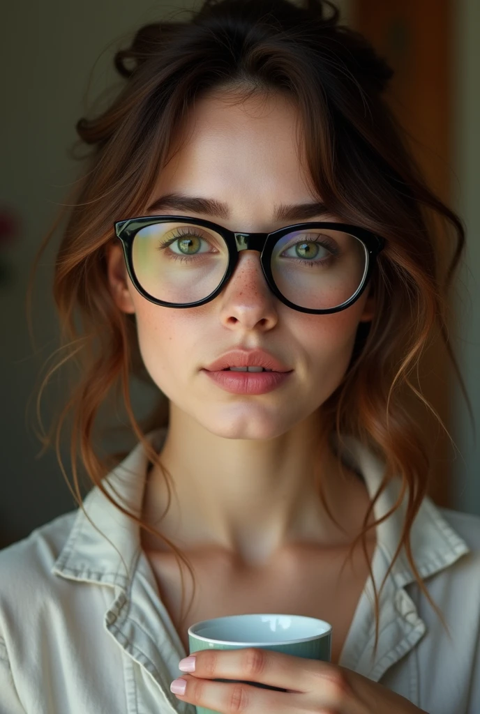 A pretty woman, light brunette, close up, girl next door, Loose Clothes, make up, lips, cups, natta, Messy hair, freckles, glasses with thick black frames, film grain, retro, Support 160 colors, Shot on ARRI ALEXA 65, sharp focus on the subject, Fujifilm XT-3