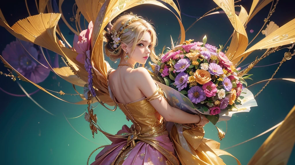 32K, 最高quality, 最高masterpiece, (ultra-Detailed Background, Detailed Background), High resolution, Super detailed, Very detailedな, 1 personの, (bouquet:1.3), (Tangled:1.2), (Geometric:1.2),(colorful),(masterpiece, quality, best quality, Official Art, Beautiful and beautiful:1.2), (1 person:1.3), Very detailed,(colorful:1.1)(Flowers:1.3),Most detailed,(Tangled:1.2), whole body, (Abstract background:1.3), (Skin glows), (Many colors:1.4), ,(Earrings Jewelry:1.5), Gradient Background, Beautiful and sparkling background, It's imaginative., Flaxen Hair,