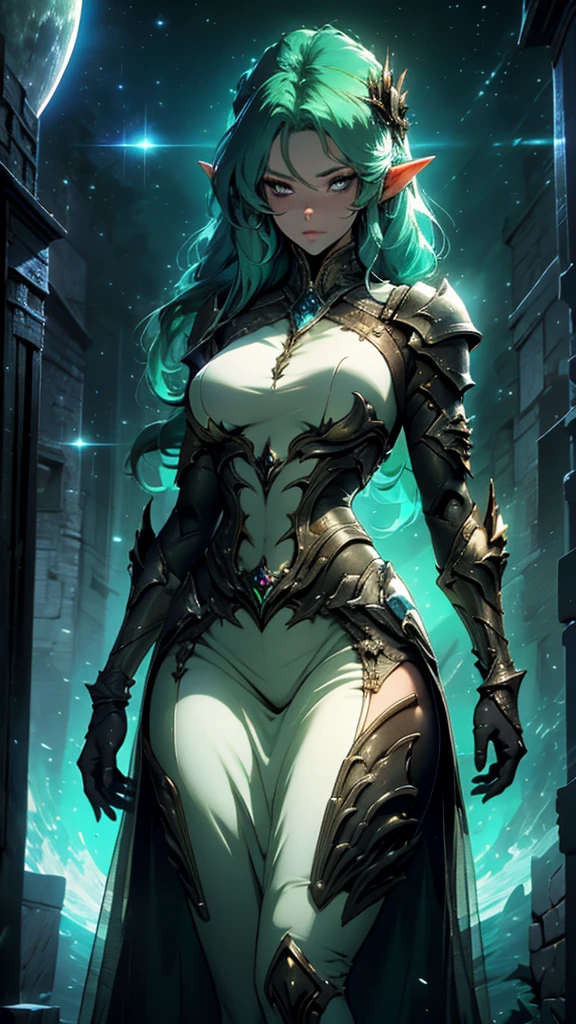an elf with black skin and armor, a screenshot of Hazel Armor, afrofuturism, beautiful dark elf countess, beautiful paladin, of a beautiful female warframe, beautiful anime goddess with long green hair, big breasts, wearing a short dress, key anime visual, moon, intricate, hips, highly detailed, wide hips, breathtaking beauty, vibrant and sharp focus, illustration,Alta resolução,