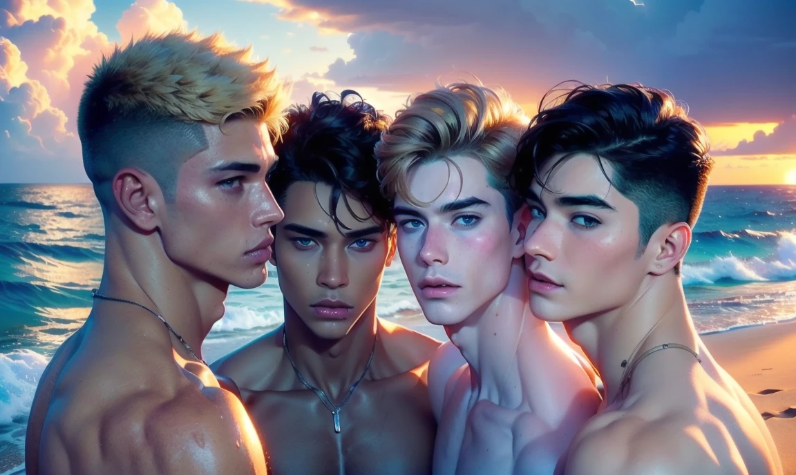 [((highly detailed, detailed eyes, detailed face, clear and realistic facial features, photorealistic, realistic light, cinematic, standing close together, close up)), ((((3 men, each man looks unique, each man has a different natural hair color and different facial features and skin color)))), (((sexy male college-age jocks standing on the beach looking aroused))), ((smirking)), ((dilated pupils and flushed skin)), ((wearing casual clothes)), ((beautiful deserted tropical island with a storm in background))]