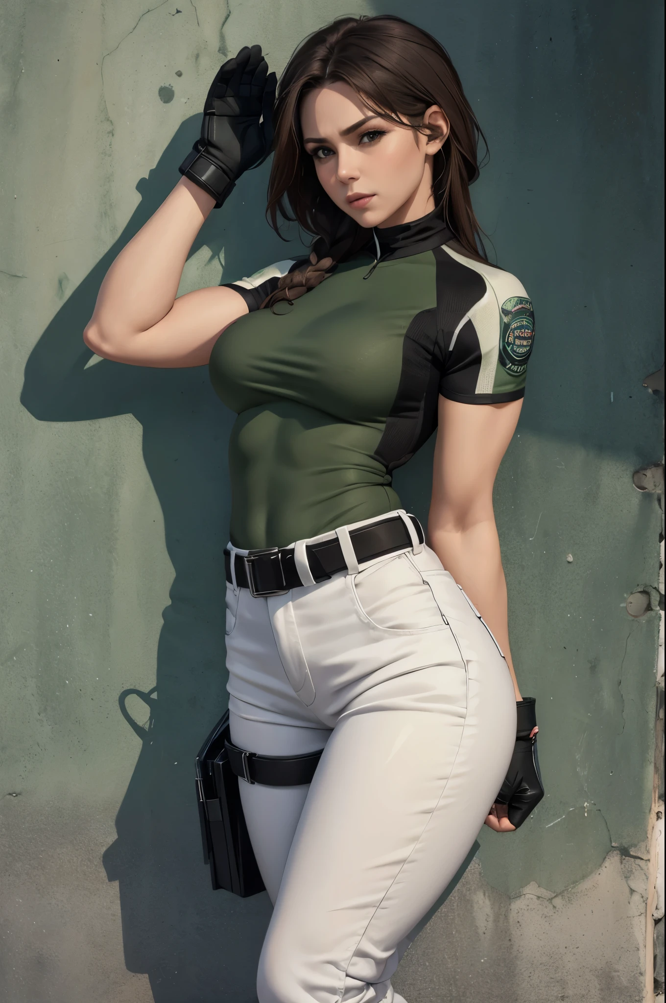 masterpiece, best quality:1.2), expressive eyes, perfect face, highres, 1 girl, solo, (female:1.5), chris redfield, green taut shirt, white pants, fingerless gloves, belt, hands to hip, standing, portrait, looking at the viewer,