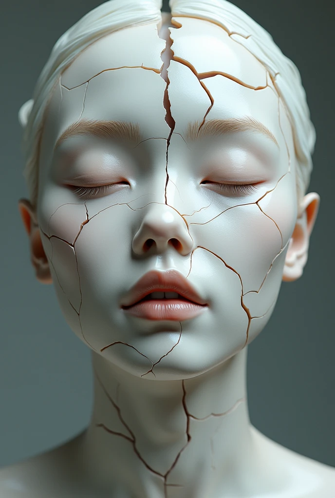 Surreal hyperrealistic sculpture of a Korean woman face, fragmented and cracking like porcelain. Closed eyes, slightly parted lips. Extreme detail in skin texture, pores, and fine hairs. Cracks revealing hollow interior. Play of light and shadow emphasizing the fragile, broken appearance.