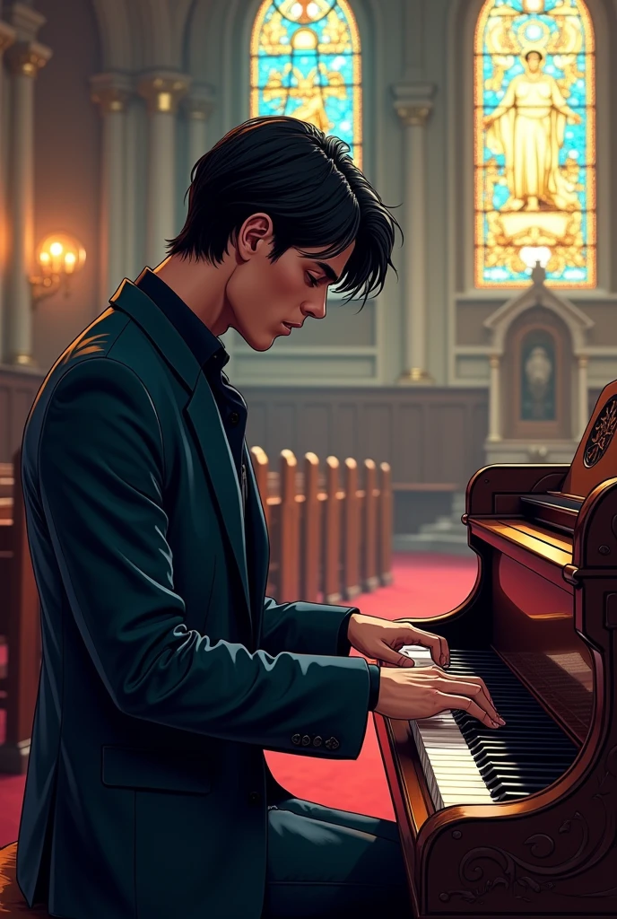  Dark-haired man with straight black hair playing piano in evangelical church.8k,colors, Comic books, 