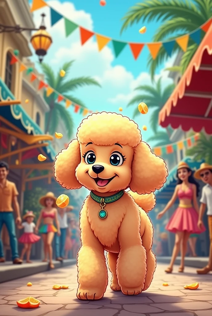 in cartoon style, the cute male apricot poodle, strolling through the Brazilian carnival