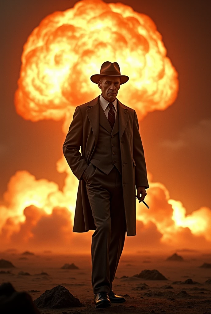 Create Oppenheimer in front and behind him create an atomic bomb explosion. I want you to make him in a regular suit that he always wore., and on his head a hat matching his clothes.
I also want you to make him look like he&#39;s walking like in those secret agent movies where they walk slowly and coolly while he holds a cigarette ready to put it in his mouth., and make him head a little low to hide some of his face.

And in the scene I want you to not be able to see anything other than the huge bomb that explodes violently behind him..