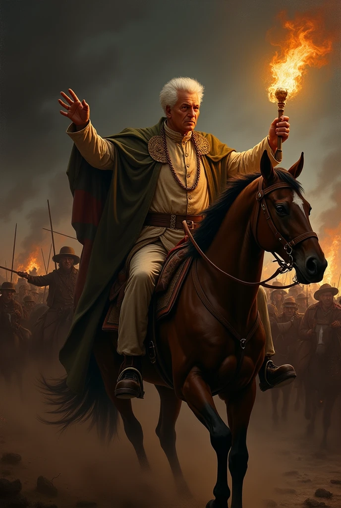 masterpiece, realist, old painting, Renaissance style, visual impact, high contrast, black dark background, (Miguel Hidalgo) hero of Mexico's independence, man with white hair and bald, on horse, (the noble priest), holding a torch, and in the background you can see traces of the war, in attack position, high quality, lights and shadows rembrant style, tenebrismo, Caravaggio, (the priest Miguel Hidalgo)