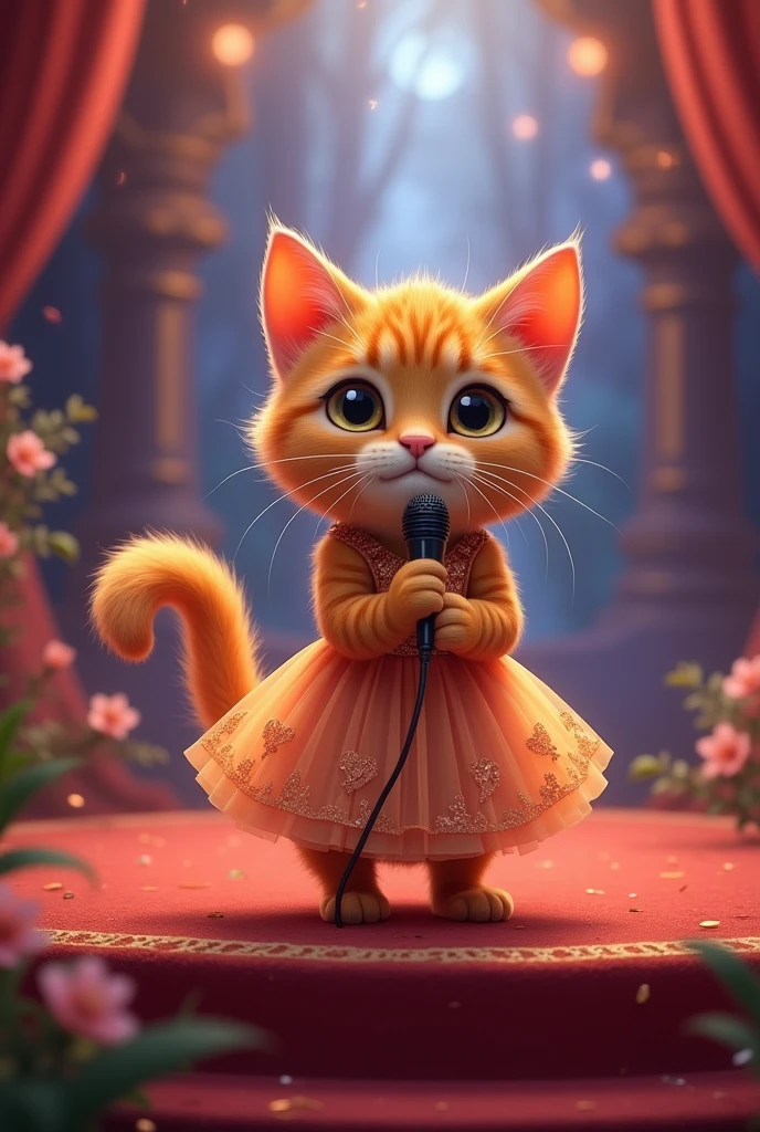 the beautiful small ginger faty healthy  cat wearing beautiful dress in the maike in his hand standing in the beautiful stage singing the song.