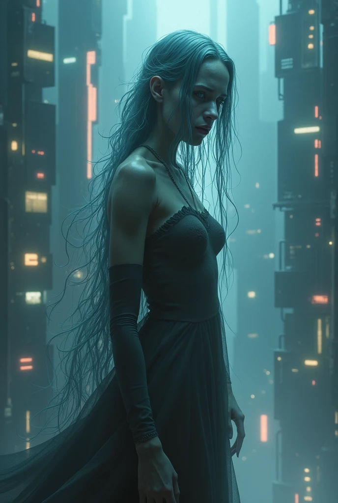cyberpunk futuristic ghostly weeping woman figure , very hard . Create this depiction in a way that generates a lot of fear, with high visual and artistic quality as well.. ultra hyper magical gothic reality.That the person in the photo truly generates a lot of fear