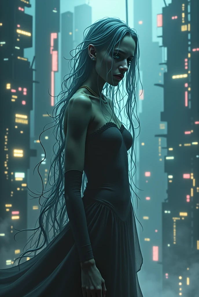 cyberpunk futuristic ghostly weeping woman figure , very hard . Create this depiction in a way that generates a lot of fear, with high visual and artistic quality as well.. ultra hyper magical gothic reality.That the person in the photo truly generates a lot of fear