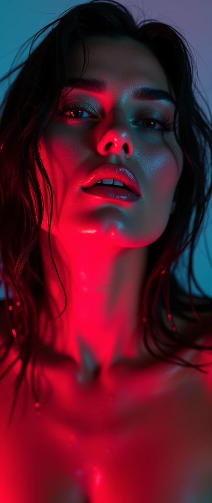 neon eyes, wet hair, wet drops on the face. Portrait of Lucy Pinder, sexy face, bitten lips, boca, language, sexy, Seductive, Hyperrealism, photorealism, 7k better , Whole body, nude, naked , medium breasts and wide hips