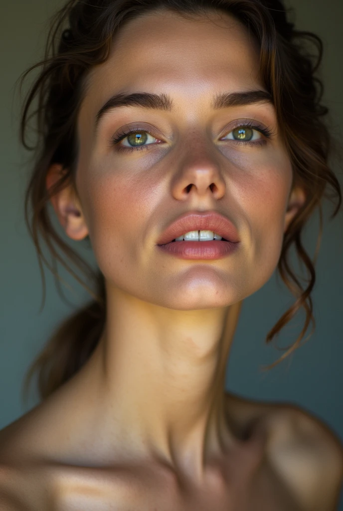 A women closeup of her face showing her ears
And neck