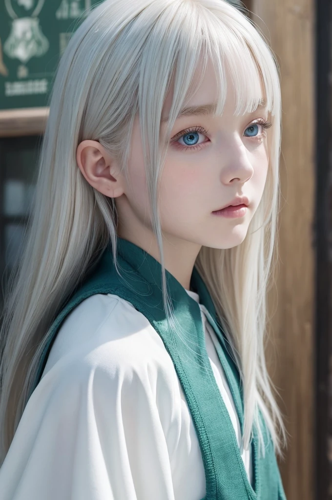 Straight platinum blonde hair down to her shoulder blades、Bangs are at eyebrow line、Large, double-lidded, blue-gray eyes、Fair skin and childlike face、、Wearing the Slytherin house uniform from Harry Potter、Draco・Malfoy-like girl