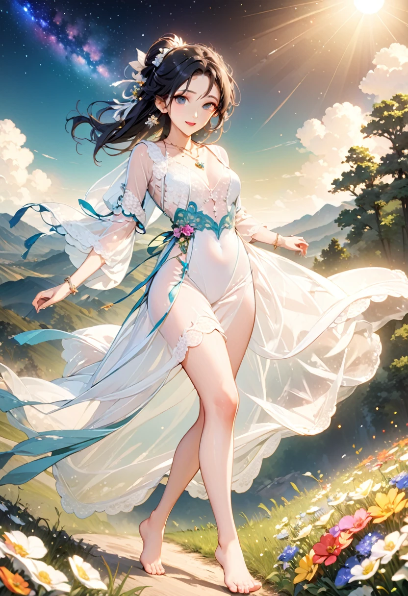 (masterpiece、Highest quality、8k、High resolution)、1 female、Beautiful eyes with slit length、Cute lips、Beautiful Nose、Brownish black hair、smile、(Best anime girl)、Green grassland with forest view、Walking,(Barefoot, flying, running, high, high),Colorful flowers blooming in the field,A bright night with the stars clearly visible、milky way、(Mysterious light particles from the whole body、Colorful light particles)、jewelry、necklace、White lace dress、(Beautiful full body style)、Highly detailed anime art、A complete portrayal、
