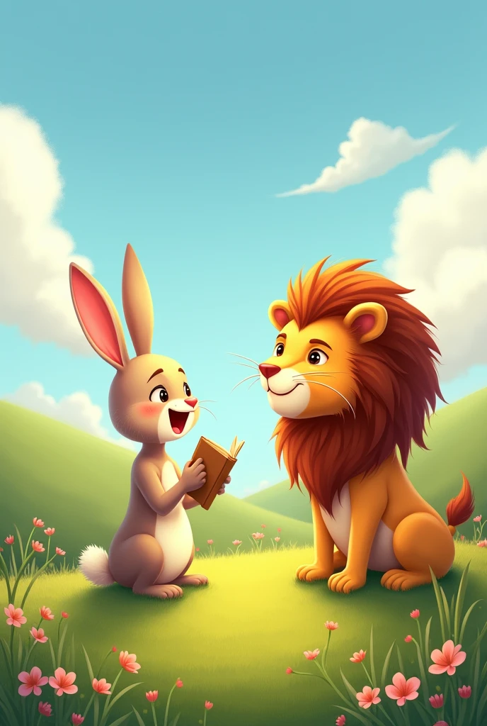 The Rabbit Explaining About Another Lion: Show the rabbit narrating the story to the lion, with the lion looking curious and slightly angrier as he listens.