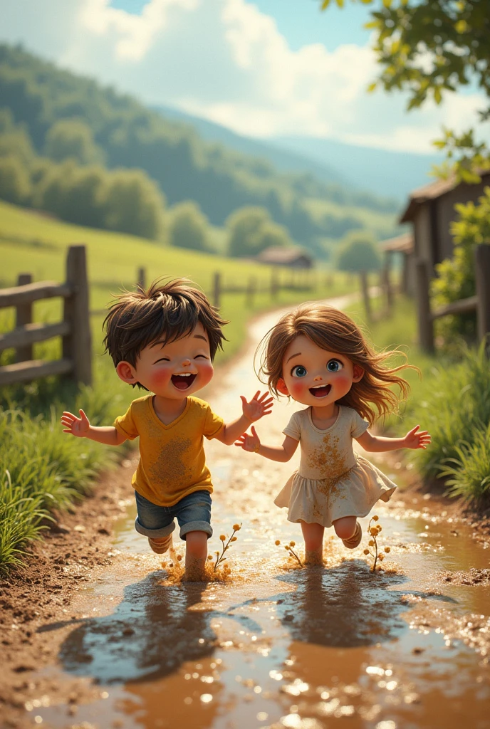 Two little kids playing in muddy road in ra