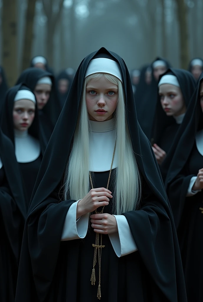 Albino girl with long white hair, from the realistic middle ages, blue eyes white nun clothes holding a rosary, the night, with a religious group of nuns behind, detaileds.