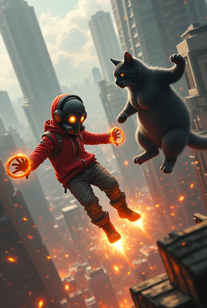 Black cat, realistic, big breasts, full body & Youg boy with red hoodie, headphones, Star-lord helmet, rocket boots, gas helmet, covered mouth, round red, eyes, front cover, Kid Star-lord with red hoodie, star-lord helmet, gas helmet, covered mouth, round red eyes, Red eyes, magic rings in the hands and rocket boots, Fighting, power, fiction, 2 persons, magic lasso, hight, fall, DJ, view of the city from above, flying in the sky, capa roja, fire under shoes, Space, Smoke, World.