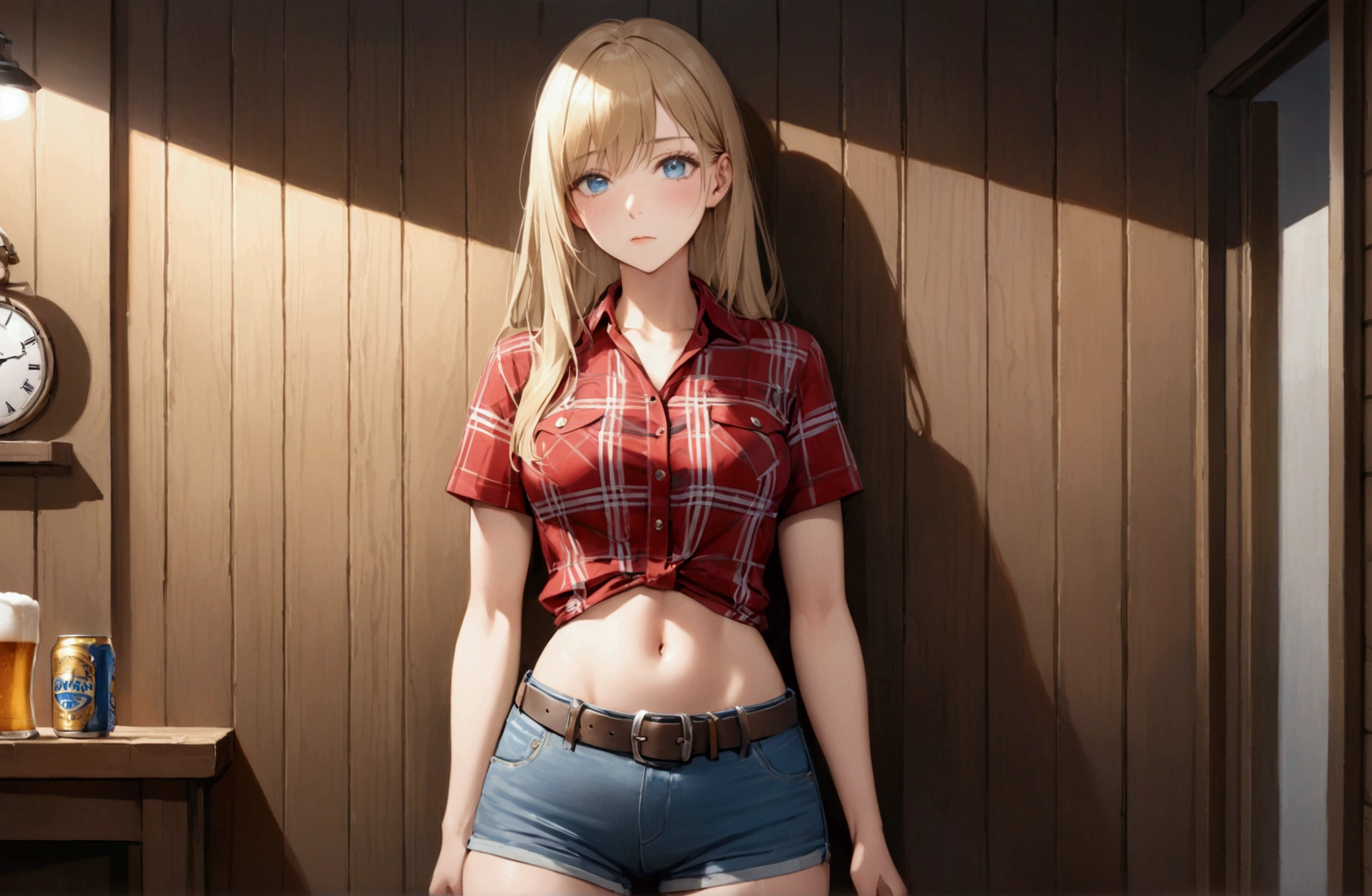 Woman with long blonde hair, blue eyes, Athletic build, Red plaid tight-fitting short-sleeved collared cowgirl shirt, clock, Navel exposed, Denim hot pants, Brown belt with oval buckle, Please stand up straight, Drunk,Strong hiccups,In front of a wooden wall,can of beer,Front view,Cowboy Shot,16K, Highest quality, masterpiece, Realistic, detailed