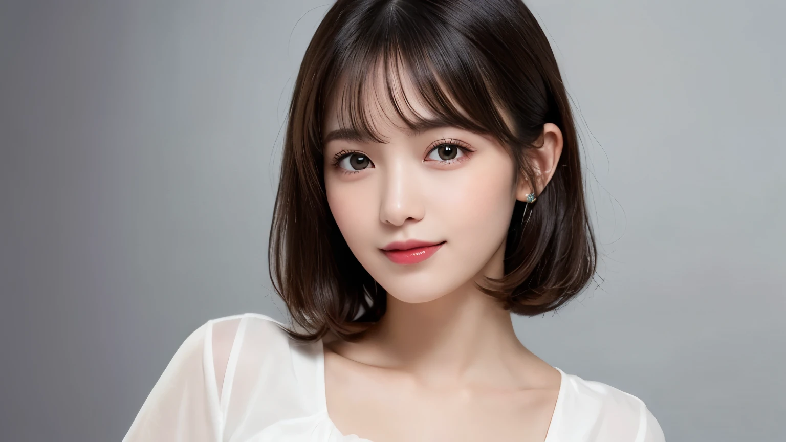 Silver Background, Full body portrait, Looks very happy, smile, One Girl, (Beautiful girl, Delicate girl:1.3), (20-year-old:1.3), (Black Suit、White blouse), Very beautiful eyes, (Symmetrical eyes:1.3), D cup breasts, Brown eyes, Parted bangs, short hair, (Eye and facial details:1.0), (masterpiece, Highest quality, Super detailed, Detailed face, 8k)