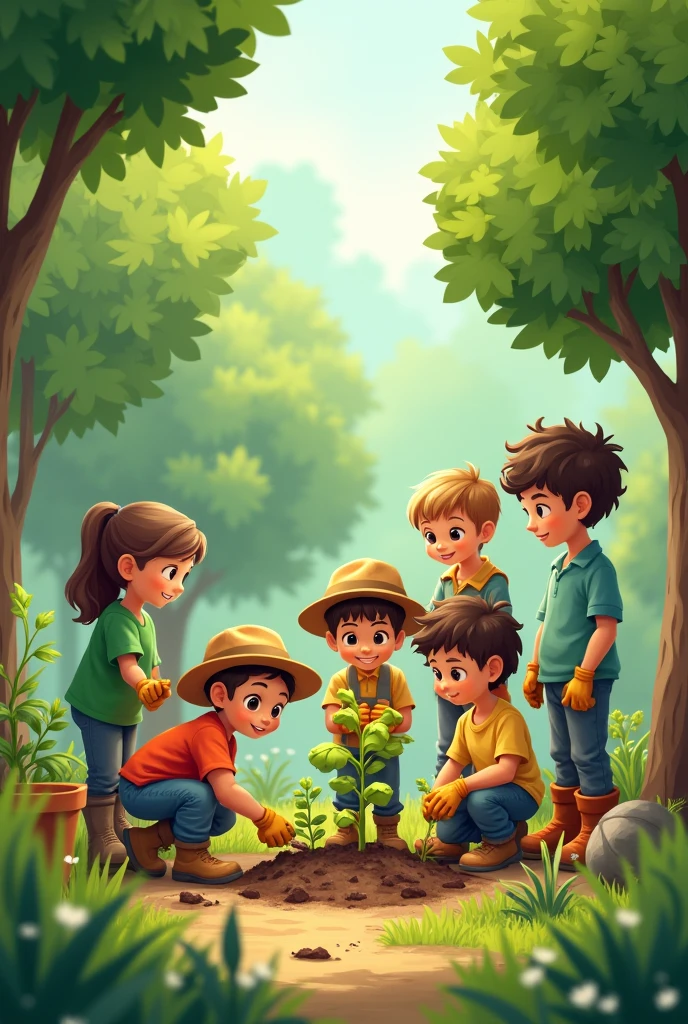 6 children planting trees 