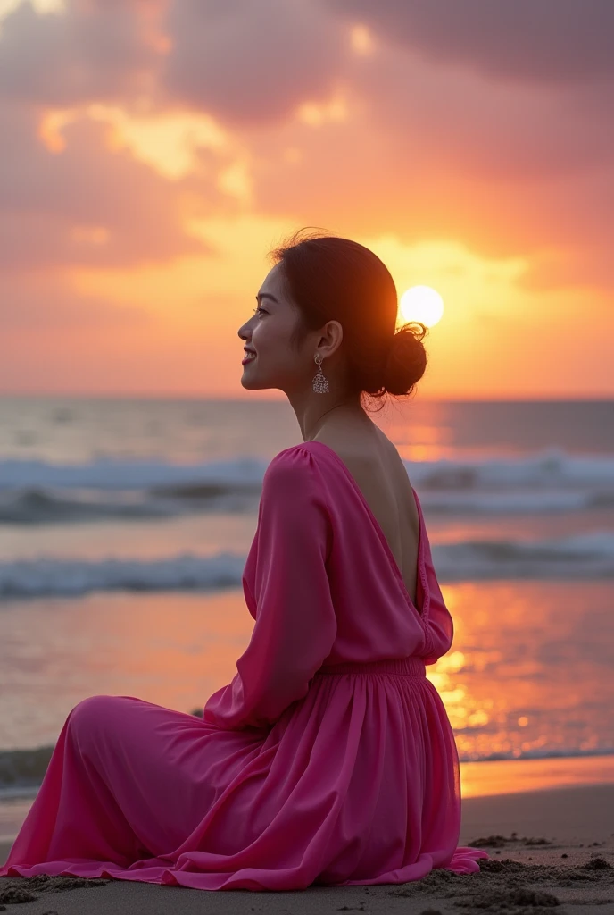 Photography profesional , a native Indonesian woman , wearing a pink dress , sitting on the beach , with a smile ,watch the sunset ,beautiful beach background and decorated with beautiful sunset