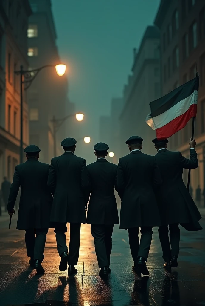 create a picture of six men of different heights walking backwards through the city, it is dark, only a street lamp lights them, they are dressed in peaky blinder style,the youngest of them carries the Polish flag up,one of the men looks older,and the man with the flag for the youngest 20 years old