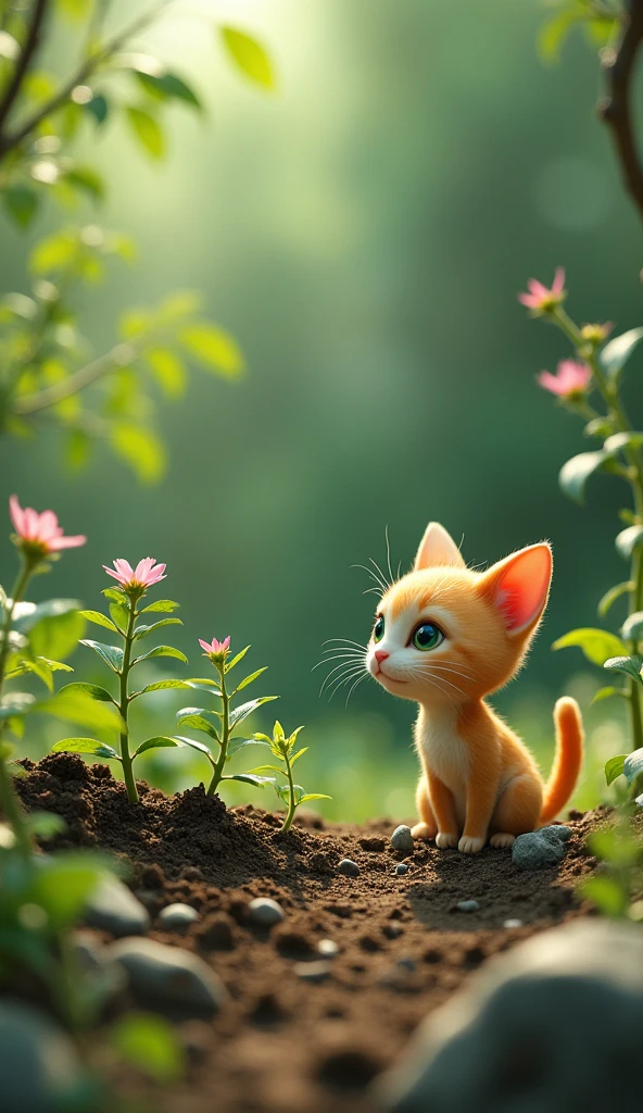 Slow Progress: Display the garden in stages, showing small plants growing gradually into larger, healthy ones, with Humanoid cat looking on with hope.