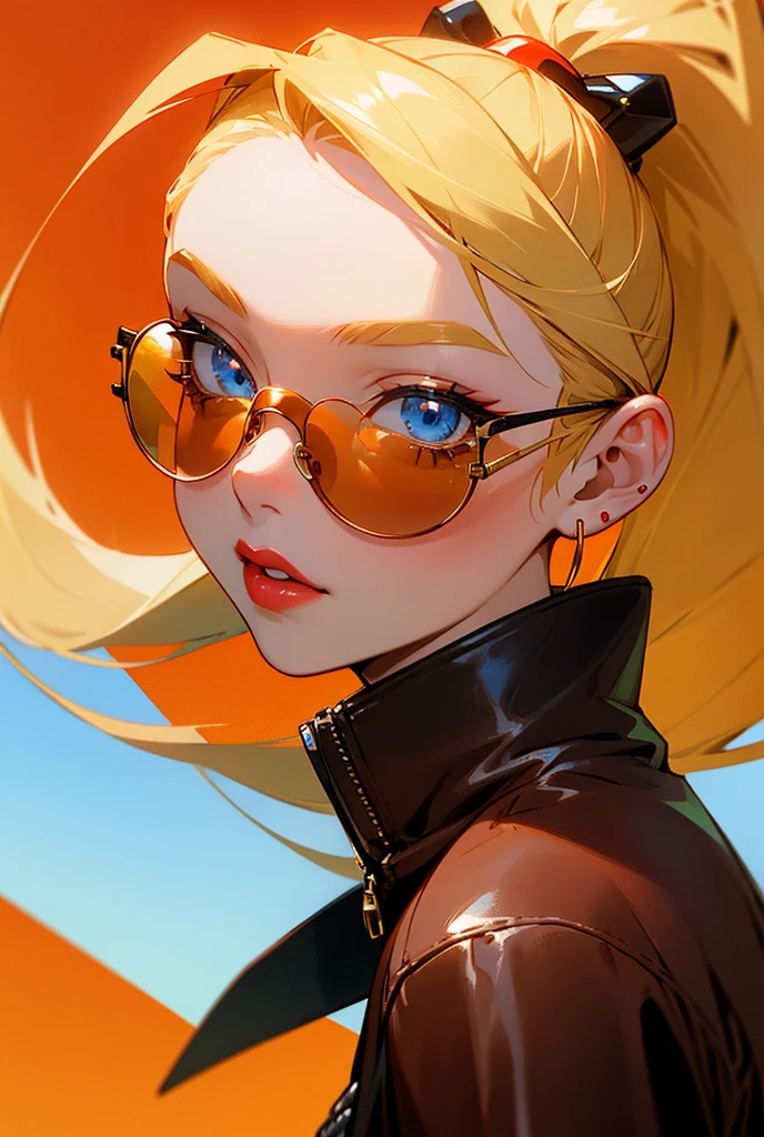 Beautiful anime girl face blonde long hair with ponytail with blue eyes red lips with round earrings her face the whole page leather jacket with sunglasses yellow glass red background with orange